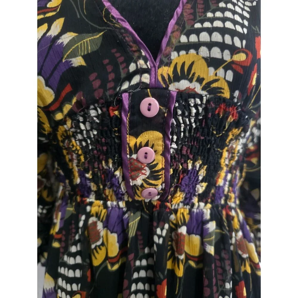 Floral Sheer‎ V-Neck Tunic Dress With Elastic Waist & 3/4 Sleeves Size M
